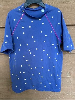 Boden Girls Blue Polka Dot Rash Guard with Pink Piping size 9-10